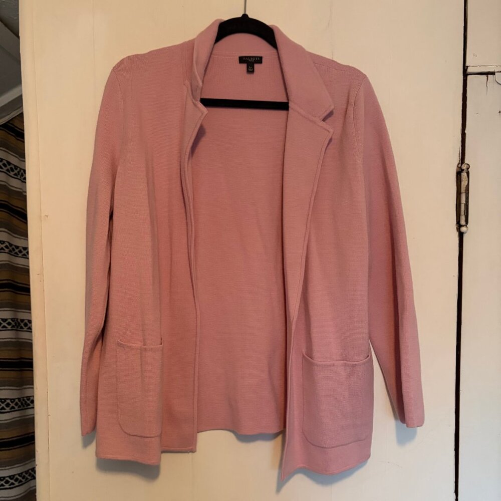 Lovely dusty rose pink merino wool blend knit open cardigan blazer Talbots L